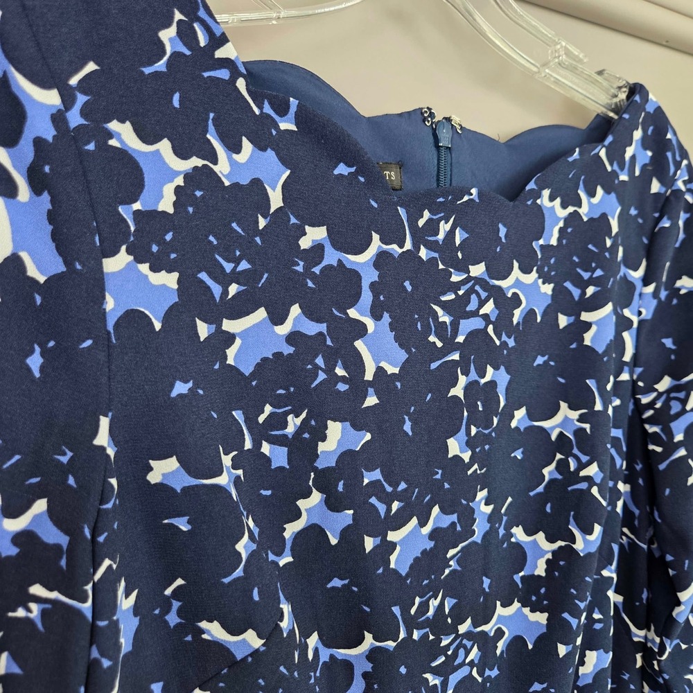 Talbots Blue Floral Scalloped Neck Sheath Dress 3/4 Sleeve Navy White Size 2 - Picture 11 of 16